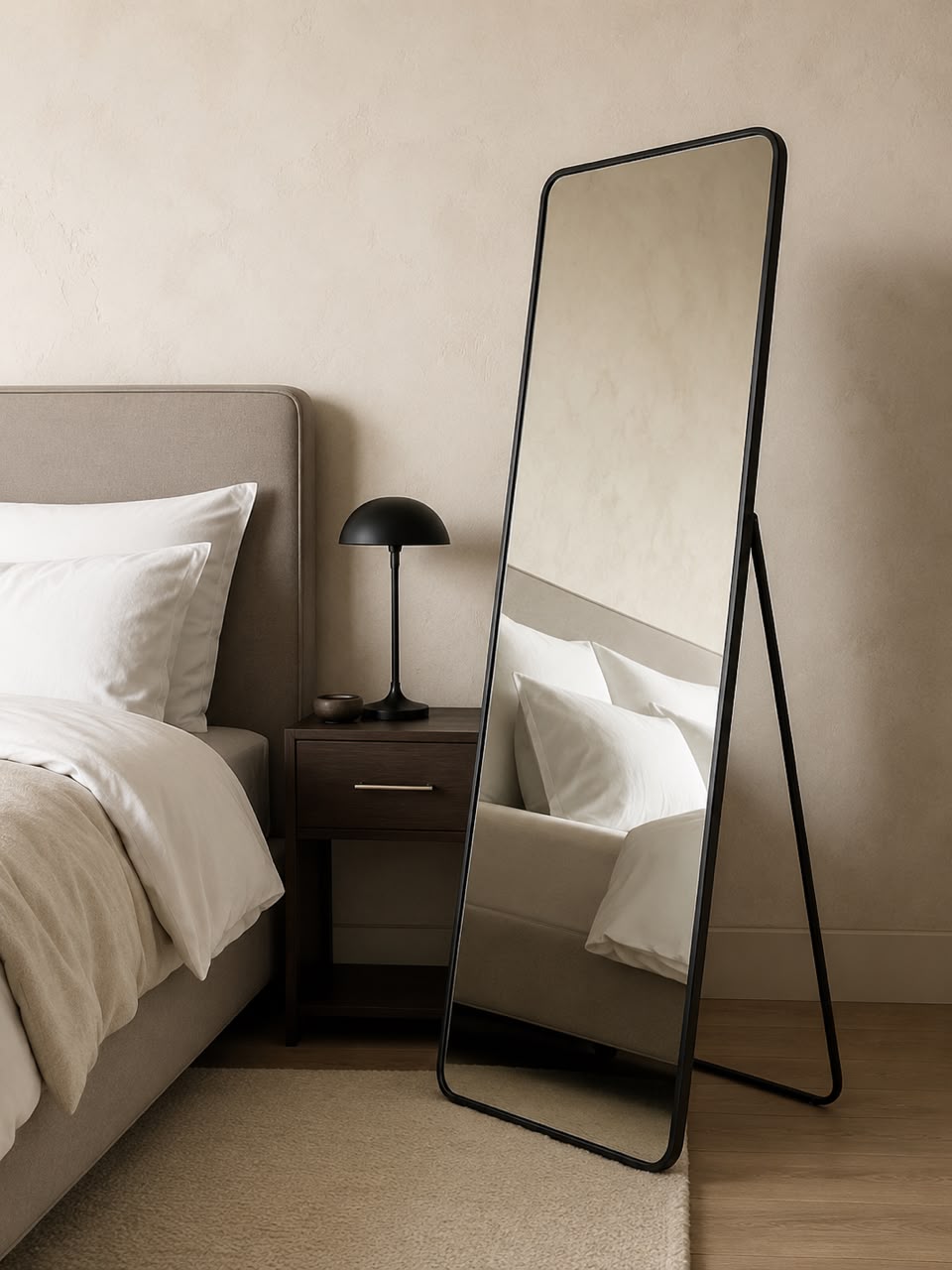 Modern freestanding full-length mirror for homes in Lagos, Nigeria, available in 150×55cm and 180×80cm sizes for bedrooms and dressing spaces.