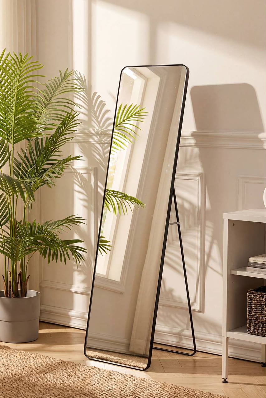 Modern freestanding full-length mirror for homes in Lagos, Nigeria, available in 150×55cm and 180×80cm sizes for bedrooms and dressing spaces.