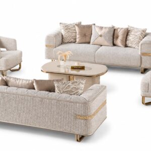 Pera luxury sofa set for modern homes in Lagos, Nigeria, featuring two 3-seater sofas, two armchairs, and a center table for elegant living rooms.
