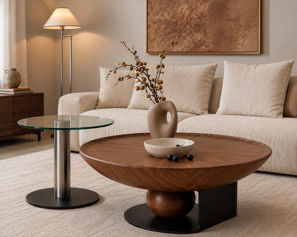 Sculptural walnut center table set for modern homes in Lagos, Nigeria, featuring a rich walnut finish and artistic design for elegant living room interiors.