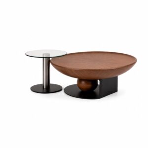 Sculptural walnut center table set for modern homes in Lagos, Nigeria, featuring a rich walnut finish and artistic design for elegant living room interiors.