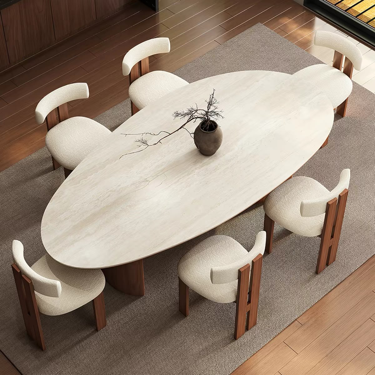 Luxury travertine top 6-seater dining set for modern homes in Lagos, Nigeria, featuring a 1.8-metre table with premium contemporary craftsmanship.